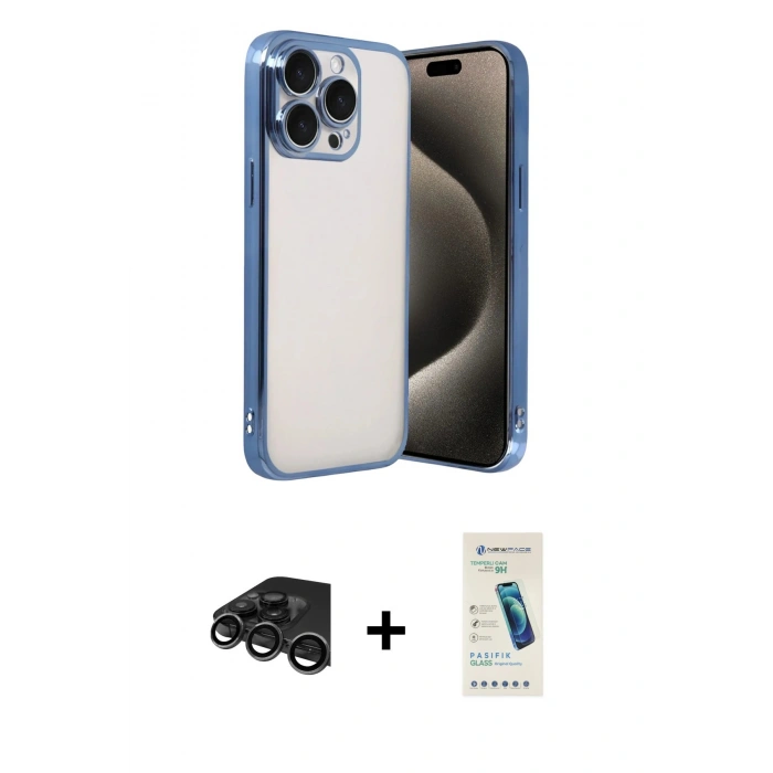 MARSİLYAN™- iPhone 15 Pro Max Kılıf Vadi Minimal - Şeffaf Pasifik Cam Ekran Koruyucu + Raze Metal Kamera Lens - TMGI