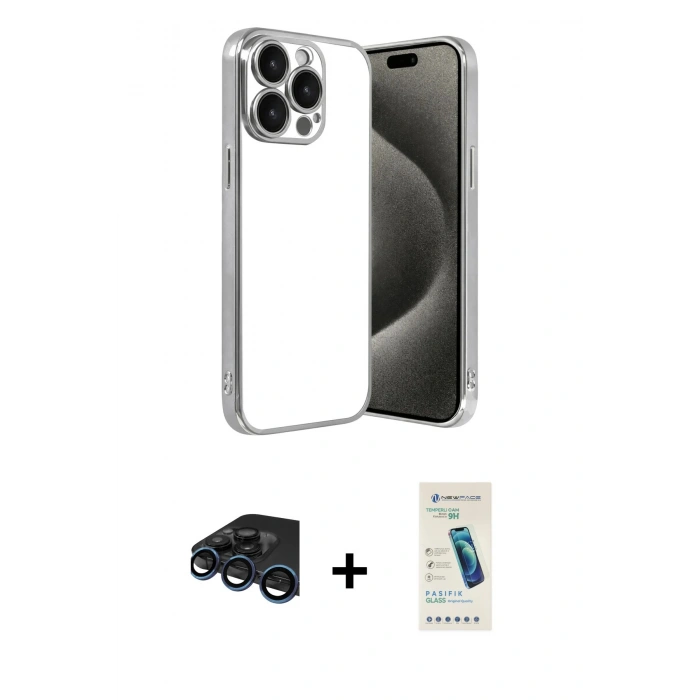 MARSİLYAN™- iPhone 15 Pro Max Kılıf Vadi Minimal - Şeffaf Pasifik Cam Ekran Koruyucu + Raze Metal Kamera Lens - LT