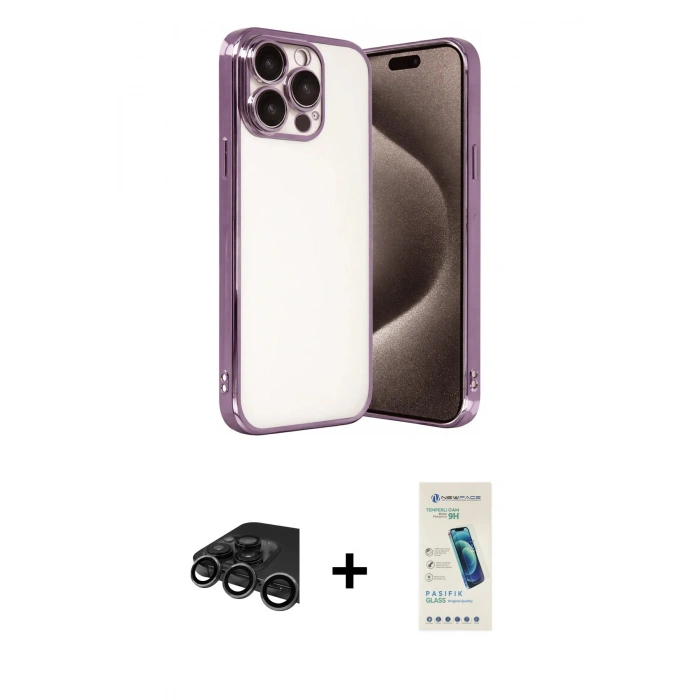 MARSİLYAN™- iPhone 15 Pro Max Kılıf Vadi Minimal - Şeffaf Pasifik Cam Ekran Koruyucu + Raze Metal Kamera Lens - TMGI