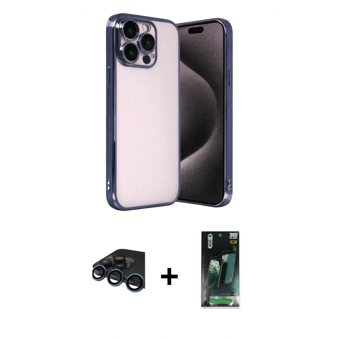 MARSİLYAN™- iPhone 15 Pro Max Kılıf Vadi Minimal - Siyah 360 Mat Full Body Arka Koruyucu + Lacivert Raze Metal Kamera Lens