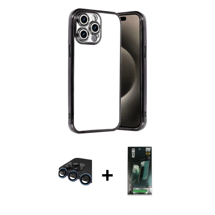 MARSİLYAN™- iPhone 15 Pro Max Kılıf Vadi Minimal - Siyah 360 Mat Full Body Arka Koruyucu + Lacivert Raze Metal Kamera Lens