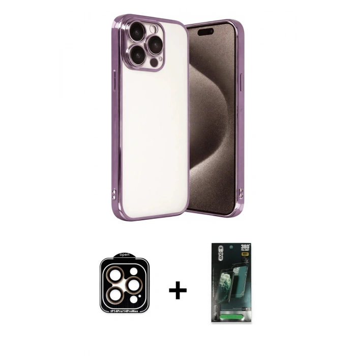 MARSİLYAN™- iPhone 15 Pro Max Kılıf Vadi Minimal - Siyah 360 Mat Full Body Arka Koruyucu + PVD Metal Kamera Lens - TU