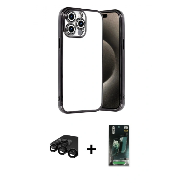 MARSİLYAN™- iPhone 15 Pro Max Kılıf Vadi Minimal - Siyah 360 Mat Full Body Arka Koruyucu + Siyah Raze Metal Kamera Lens