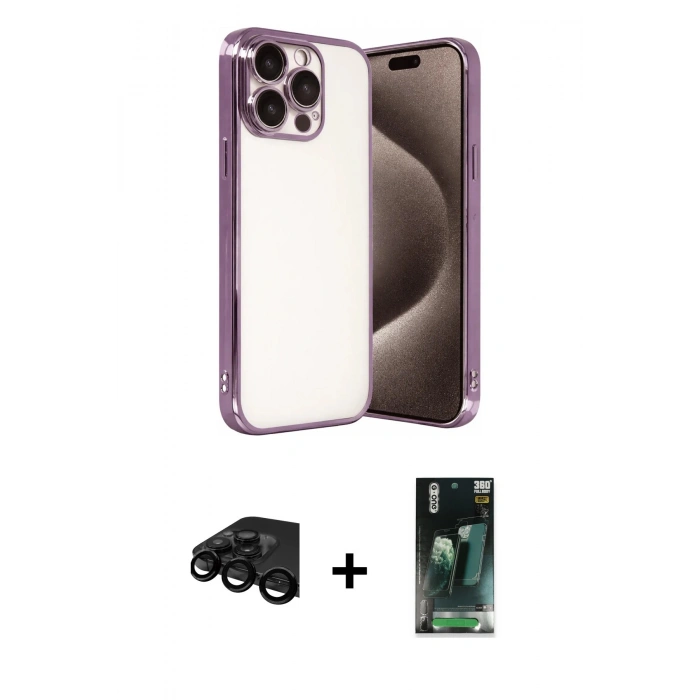 MARSİLYAN™- iPhone 15 Pro Max Kılıf Vadi Minimal - Siyah 360 Mat Full Body Arka Koruyucu + Siyah Raze Metal Kamera Lens