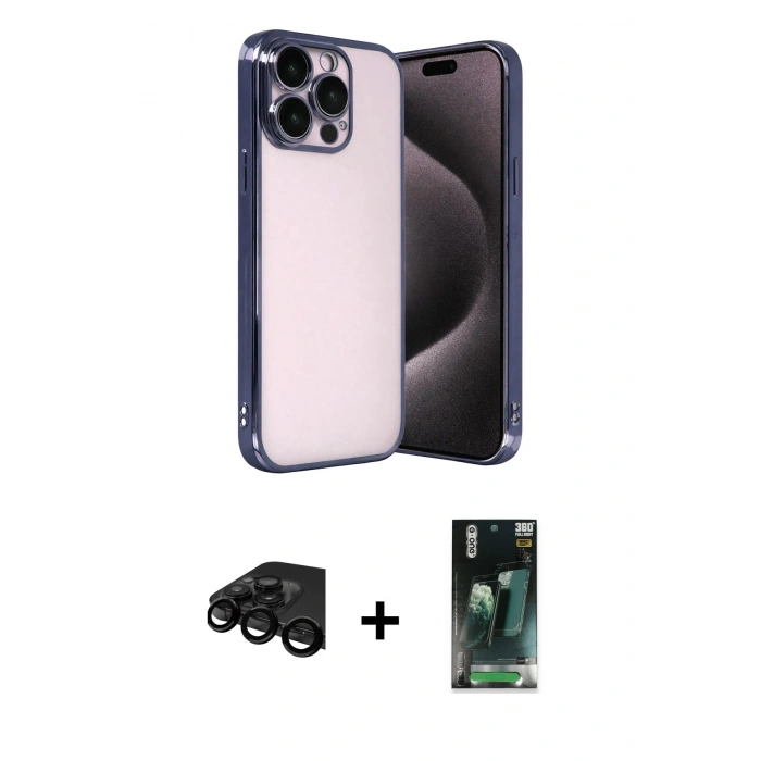 MARSİLYAN™- iPhone 15 Pro Max Kılıf Vadi Minimal - Siyah 360 Mat Full Body Arka Koruyucu + Siyah Raze Metal Kamera Lens