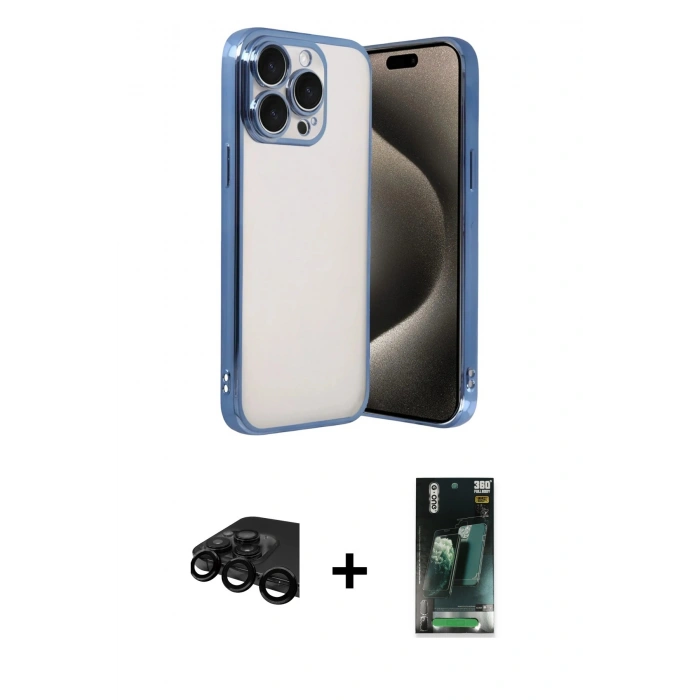 MARSİLYAN™- iPhone 15 Pro Max Kılıf Vadi Minimal - Siyah 360 Mat Full Body Arka Koruyucu + Siyah Raze Metal Kamera Lens