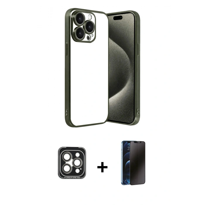 MARSİLYAN™- iPhone 15 Pro Max Kılıf Vadi Minimal - Siyah 3D Antistatik Hayalet Cam Ekran Koruyucu + PVD Metal Kamera Lens - GI