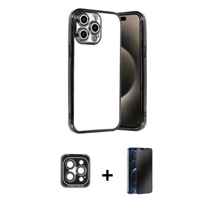 MARSİLYAN™- iPhone 15 Pro Max Kılıf Vadi Minimal - Siyah 3D Antistatik Hayalet Cam Ekran Koruyucu + PVD Metal Kamera Lens - GI