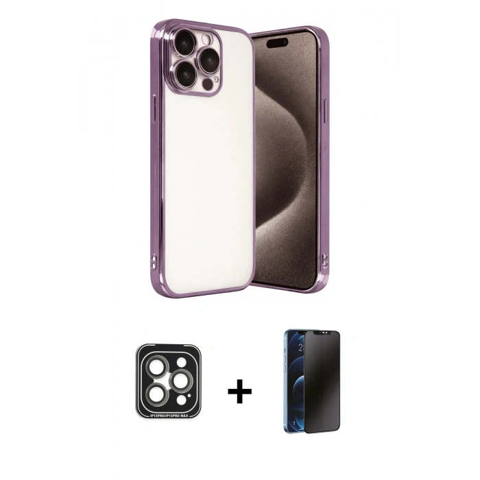 MARSİLYAN™- iPhone 15 Pro Max Kılıf Vadi Minimal - Siyah 3D Antistatik Hayalet Cam Ekran Koruyucu + PVD Metal Kamera Lens - GI