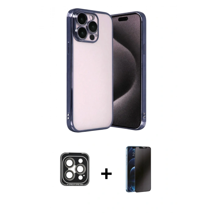 MARSİLYAN™- iPhone 15 Pro Max Kılıf Vadi Minimal - Siyah 3D Antistatik Hayalet Cam Ekran Koruyucu + PVD Metal Kamera Lens - GI