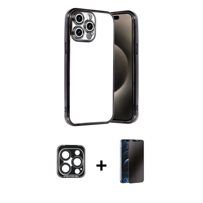 MARSİLYAN™- iPhone 15 Pro Max Kılıf Vadi Minimal - Siyah 3D Antistatik Hayalet Cam Ekran Koruyucu + PVD Metal Kamera Lens - LT