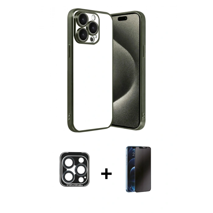 MARSİLYAN™- iPhone 15 Pro Max Kılıf Vadi Minimal - Siyah 3D Antistatik Hayalet Cam Ekran Koruyucu + PVD Metal Kamera Lens - LT