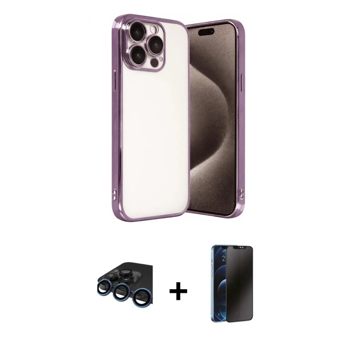 MARSİLYAN™- iPhone 15 Pro Max Kılıf Vadi Minimal - Siyah 3D Antistatik Hayalet Cam Ekran Koruyucu + Raze Metal Kamera Lens - LT
