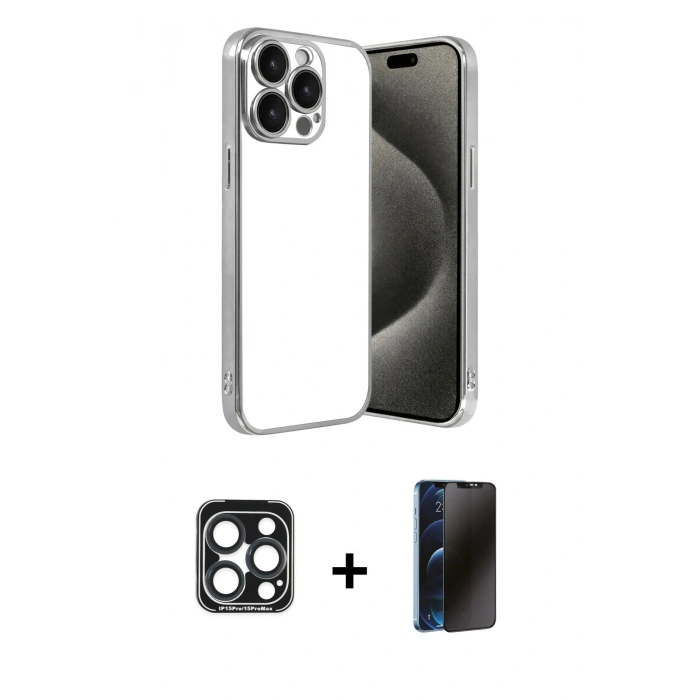 MARSİLYAN™- iPhone 15 Pro Max Kılıf Vadi Minimal - Siyah 3D Antistatik Hayalet Cam Ekran Koruyucu + PVD Metal Kamera Lens - LT