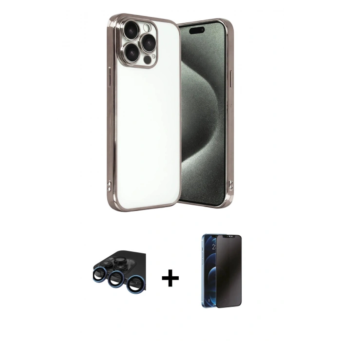 MARSİLYAN™- iPhone 15 Pro Max Kılıf Vadi Minimal - Siyah 3D Antistatik Hayalet Cam Ekran Koruyucu + Raze Metal Kamera Lens - LT