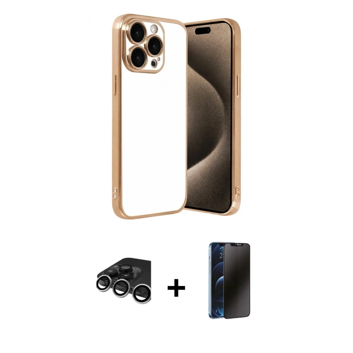 MARSİLYAN™- iPhone 15 Pro Max Kılıf Vadi Minimal - Siyah 3D Antistatik Hayalet Cam Ekran Koruyucu + Raze Metal Kamera Lens - GS