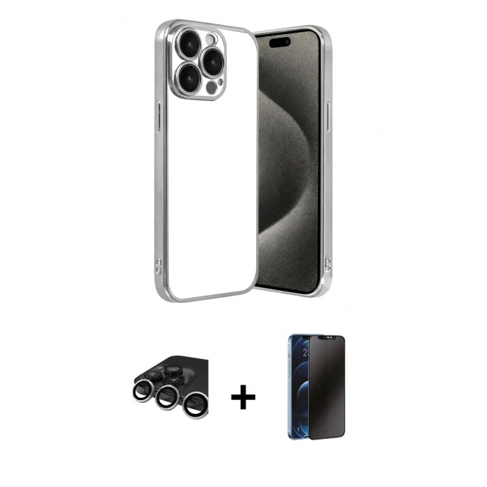 MARSİLYAN™- iPhone 15 Pro Max Kılıf Vadi Minimal - Siyah 3D Antistatik Hayalet Cam Ekran Koruyucu + Raze Metal Kamera Lens - GS