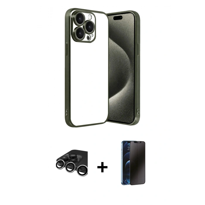MARSİLYAN™- iPhone 15 Pro Max Kılıf Vadi Minimal - Siyah 3D Antistatik Hayalet Cam Ekran Koruyucu + Raze Metal Kamera Lens - GS