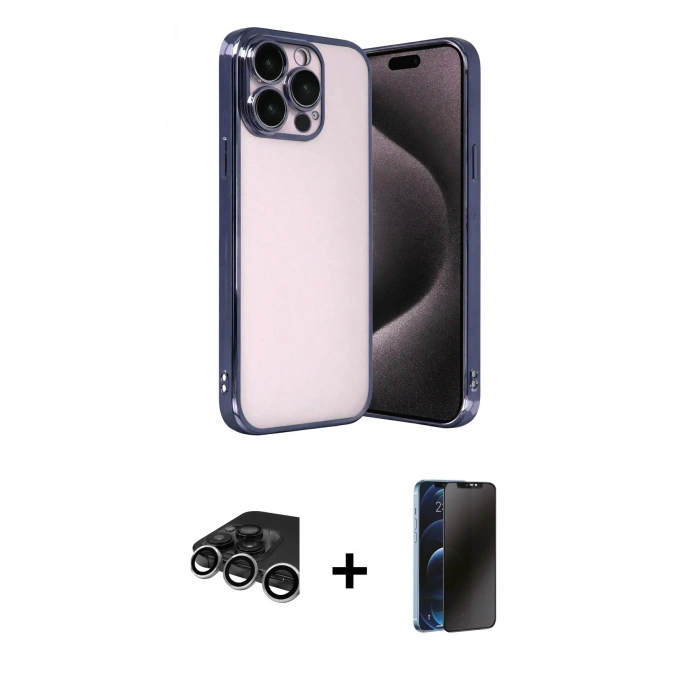 MARSİLYAN™- iPhone 15 Pro Max Kılıf Vadi Minimal - Siyah 3D Antistatik Hayalet Cam Ekran Koruyucu + Raze Metal Kamera Lens - GS
