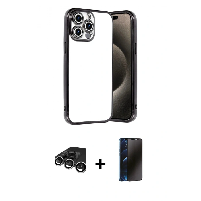 MARSİLYAN™- iPhone 15 Pro Max Kılıf Vadi Minimal - Siyah 3D Antistatik Hayalet Cam Ekran Koruyucu + Raze Metal Kamera Lens - GS