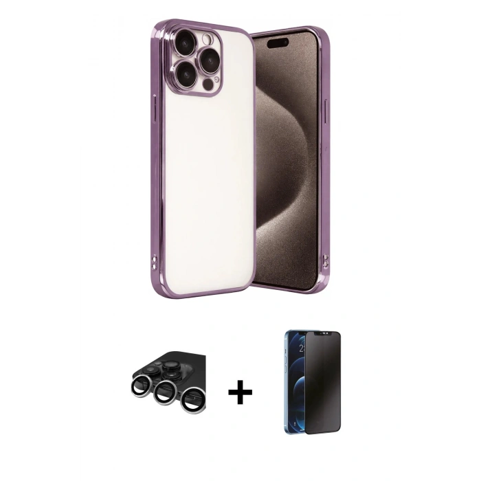 MARSİLYAN™- iPhone 15 Pro Max Kılıf Vadi Minimal - Siyah 3D Antistatik Hayalet Cam Ekran Koruyucu + Raze Metal Kamera Lens - GS
