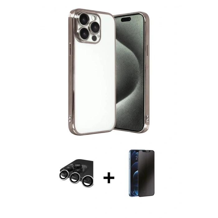 MARSİLYAN™- iPhone 15 Pro Max Kılıf Vadi Minimal - Siyah 3D Antistatik Hayalet Cam Ekran Koruyucu + Raze Metal Kamera Lens - GS
