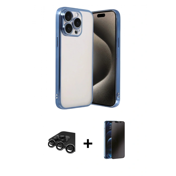 MARSİLYAN™- iPhone 15 Pro Max Kılıf Vadi Minimal - Siyah 3D Antistatik Hayalet Cam Ekran Koruyucu + Raze Metal Kamera Lens - TMGI