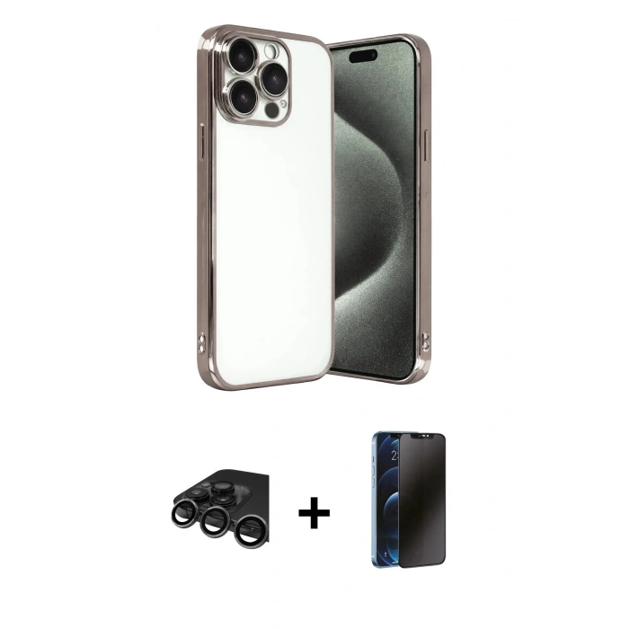 MARSİLYAN™- iPhone 15 Pro Max Kılıf Vadi Minimal - Siyah 3D Antistatik Hayalet Cam Ekran Koruyucu + Raze Metal Kamera Lens - TMGI