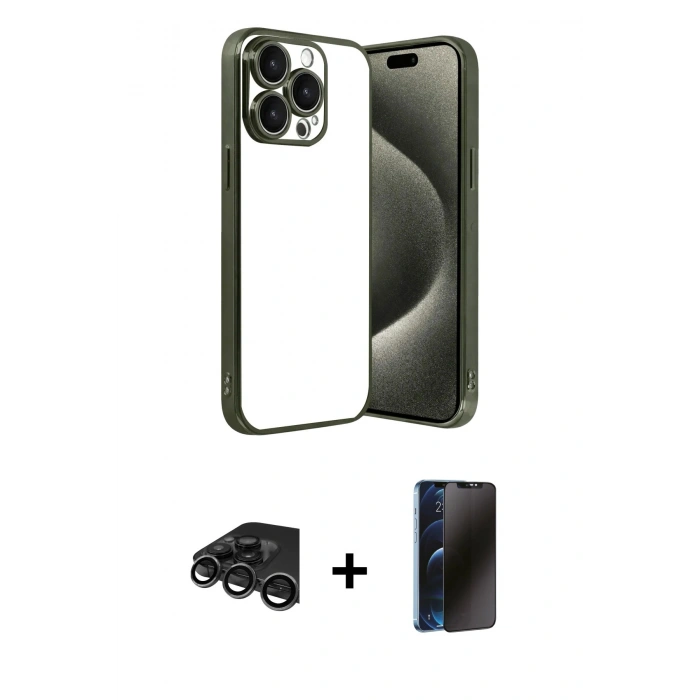 MARSİLYAN™- iPhone 15 Pro Max Kılıf Vadi Minimal - Siyah 3D Antistatik Hayalet Cam Ekran Koruyucu + Raze Metal Kamera Lens - TMGI