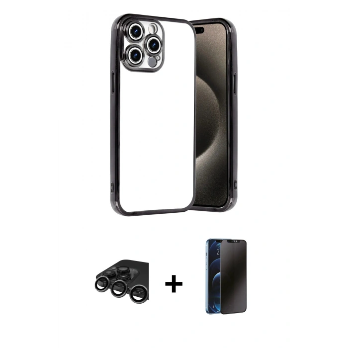 MARSİLYAN™- iPhone 15 Pro Max Kılıf Vadi Minimal - Siyah 3D Antistatik Hayalet Cam Ekran Koruyucu + Raze Metal Kamera Lens - TMGI
