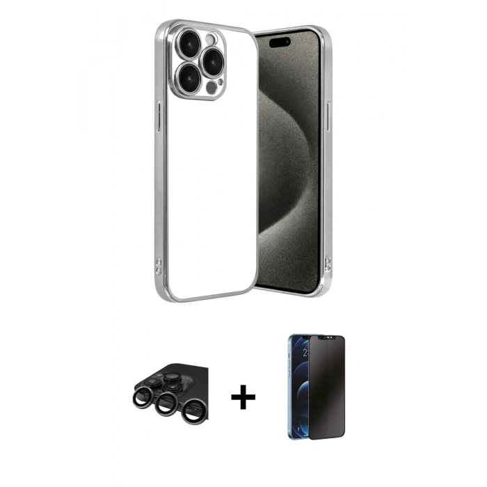 MARSİLYAN™- iPhone 15 Pro Max Kılıf Vadi Minimal - Siyah 3D Antistatik Hayalet Cam Ekran Koruyucu + Raze Metal Kamera Lens - TMGI