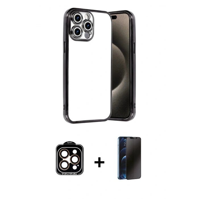 MARSİLYAN™- iPhone 15 Pro Max Kılıf Vadi Minimal - Siyah 3D Antistatik Hayalet Cam Ekran Koruyucu + Turuncu PVD Metal Kamera Lens