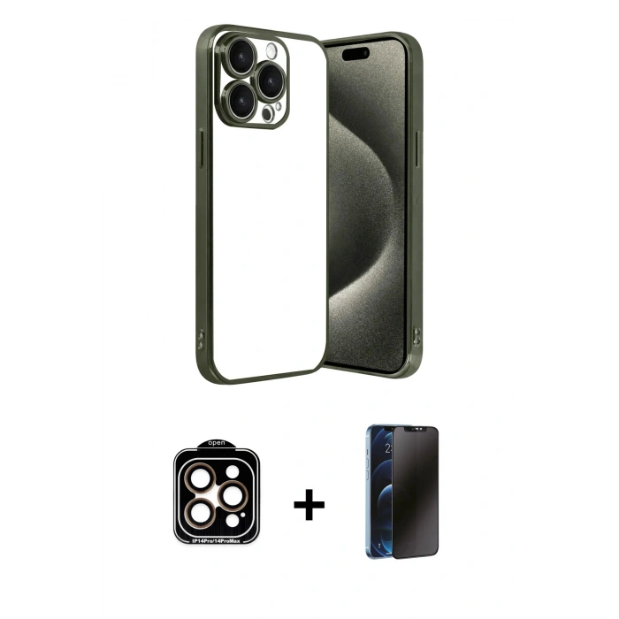 MARSİLYAN™- iPhone 15 Pro Max Kılıf Vadi Minimal - Siyah 3D Antistatik Hayalet Cam Ekran Koruyucu + Turuncu PVD Metal Kamera Lens