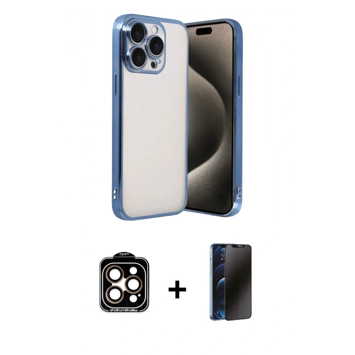 MARSİLYAN™- iPhone 15 Pro Max Kılıf Vadi Minimal - Siyah 3D Antistatik Hayalet Cam Ekran Koruyucu + Turuncu PVD Metal Kamera Lens