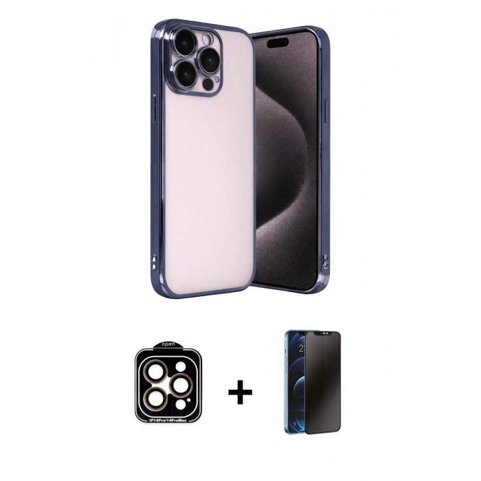 MARSİLYAN™- iPhone 15 Pro Max Kılıf Vadi Minimal - Siyah 3D Antistatik Hayalet Cam Ekran Koruyucu + Turuncu PVD Metal Kamera Lens