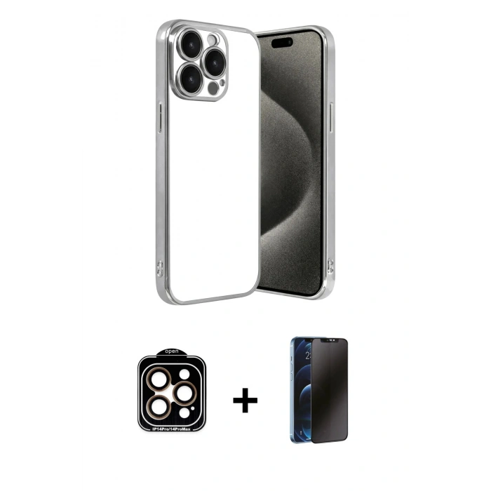MARSİLYAN™- iPhone 15 Pro Max Kılıf Vadi Minimal - Siyah 3D Antistatik Hayalet Cam Ekran Koruyucu + Turuncu PVD Metal Kamera Lens