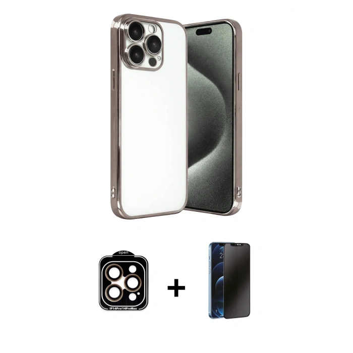 MARSİLYAN™- iPhone 15 Pro Max Kılıf Vadi Minimal - Siyah 3D Antistatik Hayalet Cam Ekran Koruyucu + Turuncu PVD Metal Kamera Lens