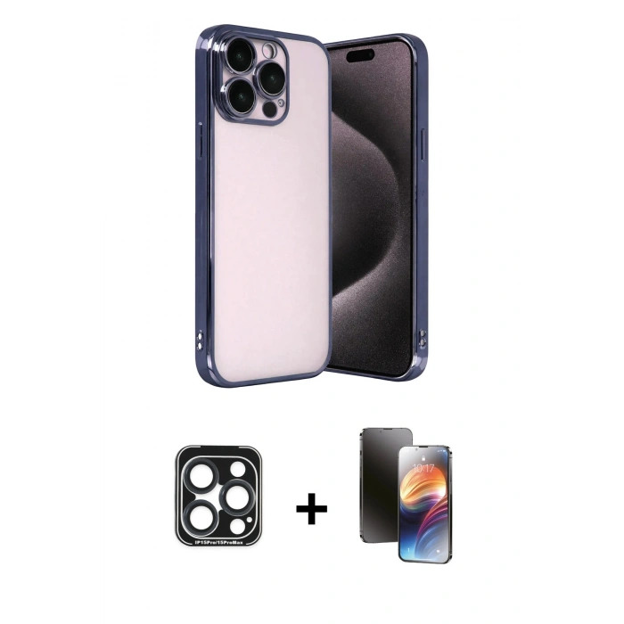 MARSİLYAN™- iPhone 15 Pro Max Kılıf Vadi Minimal - Siyah 3D Antistatik Mat Seramik Nano Ekran Koruyucu + PVD Metal Kamera Lens - LT
