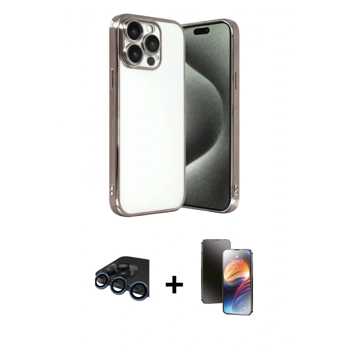 MARSİLYAN™- iPhone 15 Pro Max Kılıf Vadi Minimal - Siyah 3D Antistatik Mat Seramik Nano Ekran Koruyucu + Lacivert Raze Metal Kamera Lens