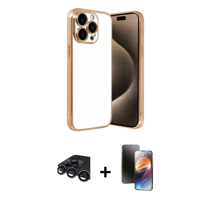 MARSİLYAN™- iPhone 15 Pro Max Kılıf Vadi Minimal - Siyah 3D Antistatik Mat Seramik Nano Ekran Koruyucu + Lacivert Raze Metal Kamera Lens