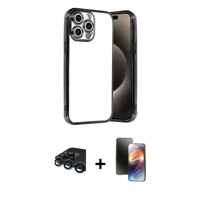 MARSİLYAN™- iPhone 15 Pro Max Kılıf Vadi Minimal - Siyah 3D Antistatik Mat Seramik Nano Ekran Koruyucu + Lacivert Raze Metal Kamera Lens