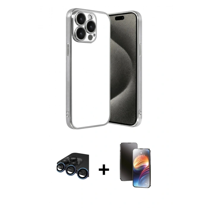 MARSİLYAN™- iPhone 15 Pro Max Kılıf Vadi Minimal - Siyah 3D Antistatik Mat Seramik Nano Ekran Koruyucu + Lacivert Raze Metal Kamera Lens