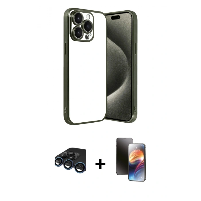 MARSİLYAN™- iPhone 15 Pro Max Kılıf Vadi Minimal - Siyah 3D Antistatik Mat Seramik Nano Ekran Koruyucu + Lacivert Raze Metal Kamera Lens