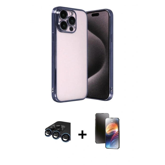 MARSİLYAN™- iPhone 15 Pro Max Kılıf Vadi Minimal - Siyah 3D Antistatik Mat Seramik Nano Ekran Koruyucu + Lacivert Raze Metal Kamera Lens
