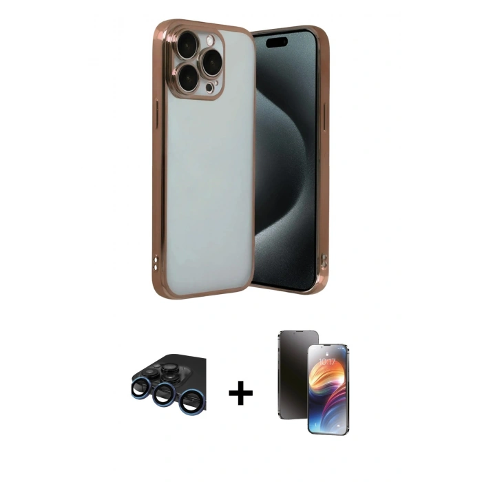 MARSİLYAN™- iPhone 15 Pro Max Kılıf Vadi Minimal - Siyah 3D Antistatik Mat Seramik Nano Ekran Koruyucu + Lacivert Raze Metal Kamera Lens
