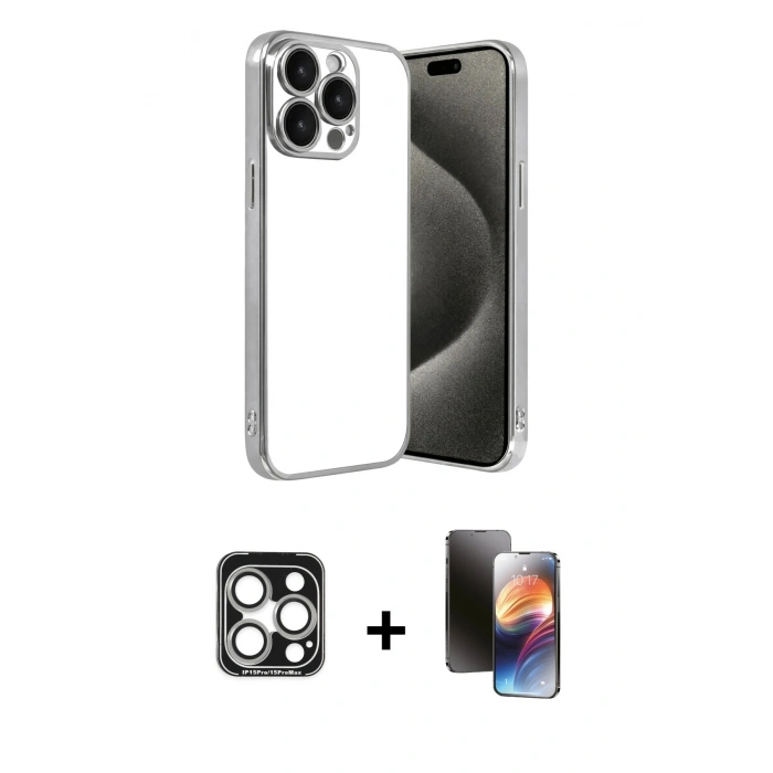 MARSİLYAN™- iPhone 15 Pro Max Kılıf Vadi Minimal - Siyah 3D Antistatik Mat Seramik Nano Ekran Koruyucu + PVD Metal Kamera Lens - GS
