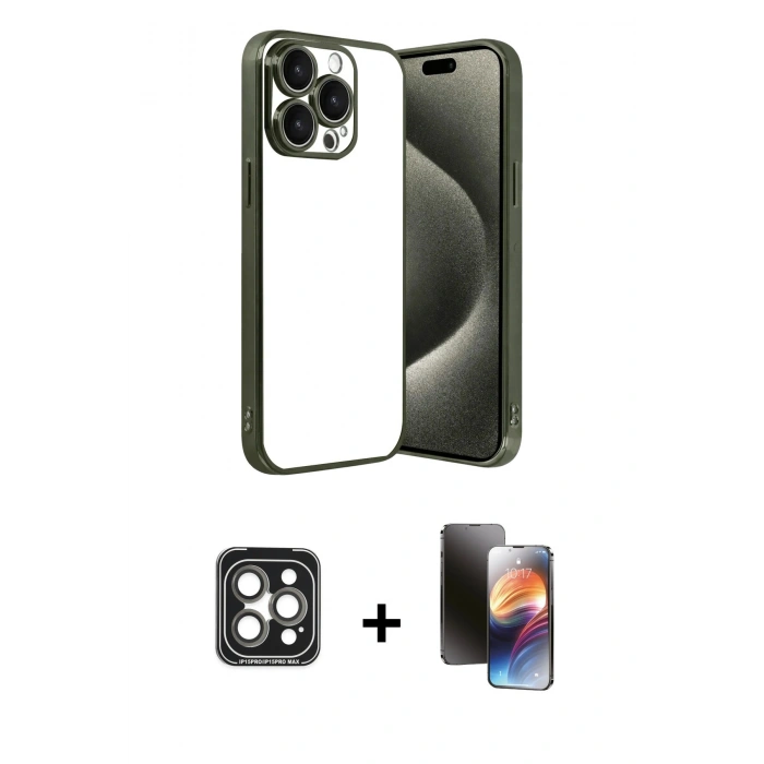 MARSİLYAN™- iPhone 15 Pro Max Kılıf Vadi Minimal - Siyah 3D Antistatik Mat Seramik Nano Ekran Koruyucu + PVD Metal Kamera Lens - GI