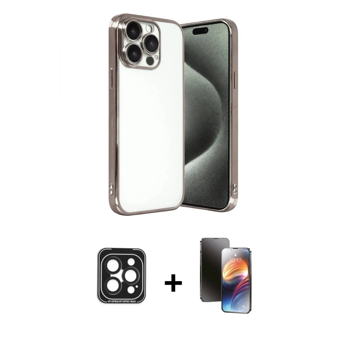 MARSİLYAN™- iPhone 15 Pro Max Kılıf Vadi Minimal - Siyah 3D Antistatik Mat Seramik Nano Ekran Koruyucu + PVD Metal Kamera Lens - SH