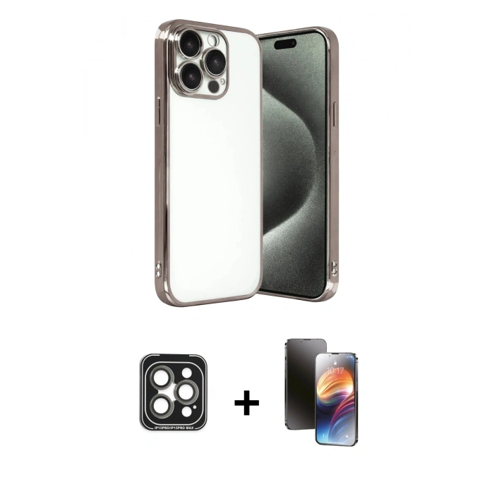 MARSİLYAN™- iPhone 15 Pro Max Kılıf Vadi Minimal - Siyah 3D Antistatik Mat Seramik Nano Ekran Koruyucu + PVD Metal Kamera Lens - GI