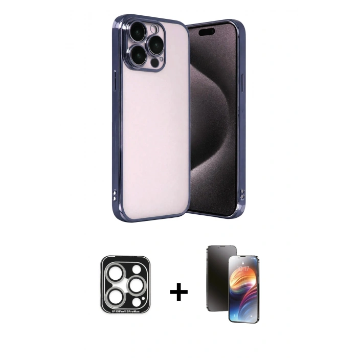 MARSİLYAN™- iPhone 15 Pro Max Kılıf Vadi Minimal - Siyah 3D Antistatik Mat Seramik Nano Ekran Koruyucu + PVD Metal Kamera Lens - GS